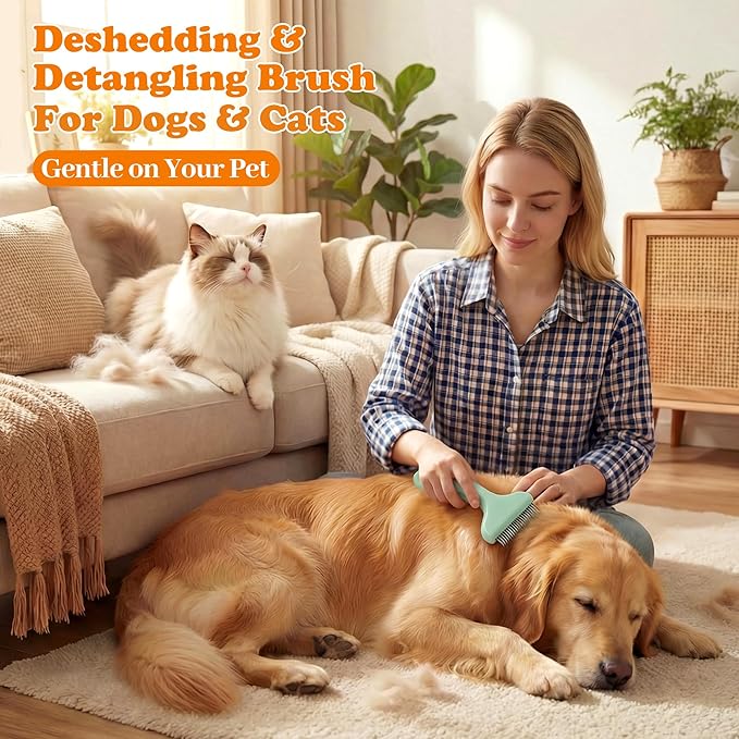 Undercoat Rake & Self-Cleaning Deshedding Brush for Dogs & Cats, Removes Mats & 95% Loose Hair, Grooming Tool for Long Hair Pets - Green