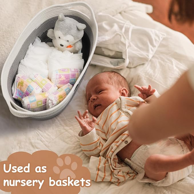 Dog Toy Basket Small Woven Baskets for Organizing Rope 22"X11"X7.9" Large Storage Basket with Handle Cute Cotton Nursery Gift Dog Toy Bins Organizer-Light Gray
