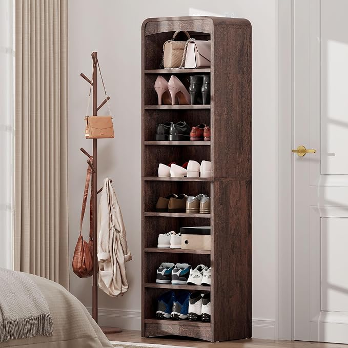 67.6” Tall Shoe Cabinet 8-Tier with Adjustable Shelves, Espresso | Freestanding Shoes Organizer Cabinet for Entryway, Hallway, Living Room