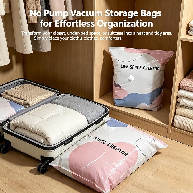 No Pump Vacuum Storage Bags, Large Capacity 3D Compression Storage Bags, Press & Seal Space Saver Bags for Clothes, Comforters, Blankets, Bedding, Travel and Home Organization (M*2+XL*2)