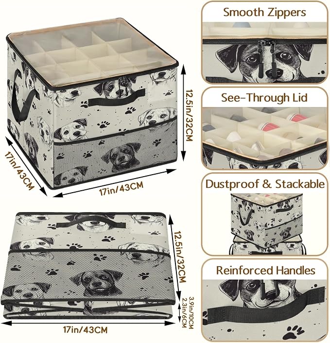 TropicalLife Cute Puppy Dogs Shoe Organizer for Closet | Paw Print Foldable Shoe Storage Organizer Box Bin with Adjustable Dividers and Clear Cover, Fits up to 16-32 Pairs