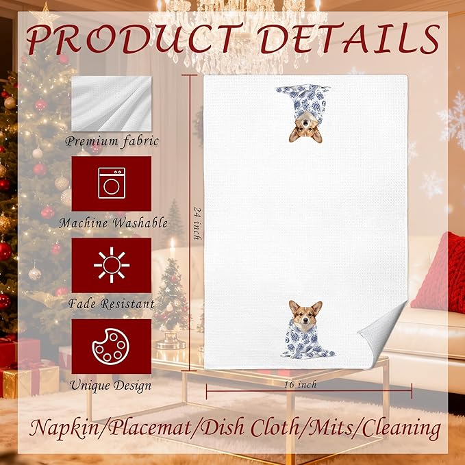 Blue Chinoiserie Corgi Kitchen Towels 16x24 in, Corgi Lovers Gifts, Grandmillennial Floral Blanket Dog Decorative Hand Tea Dish Towels for Bathroom Kitchen
