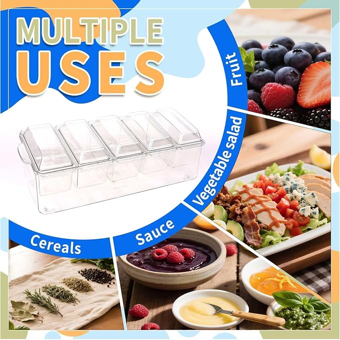 Large Ice Chilled Condiment Caddy，Chilled Condiment Containers Server with Lids for 5 Removable Compartments ，Serving Platters , Fruit & Garnish Tray for Party Supplies & Bar Accessories-Transparent