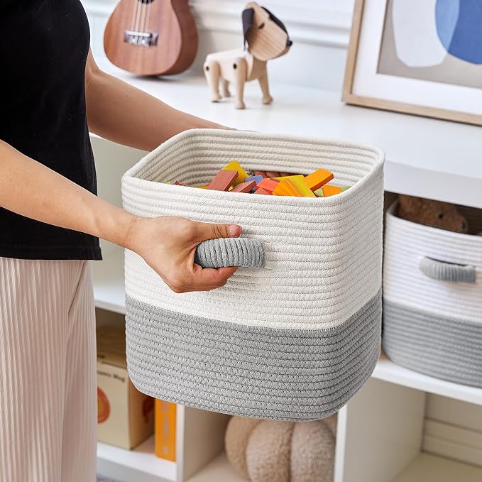 R RUNKA Storage Cube Baskets for Organizing- 3 Pack- 11 inch Square Baskets for Cube Storage, Closet Storage Bins- Woven Cube Storage Bins for Shelves- Ideal for Toy Storage |White & Grey