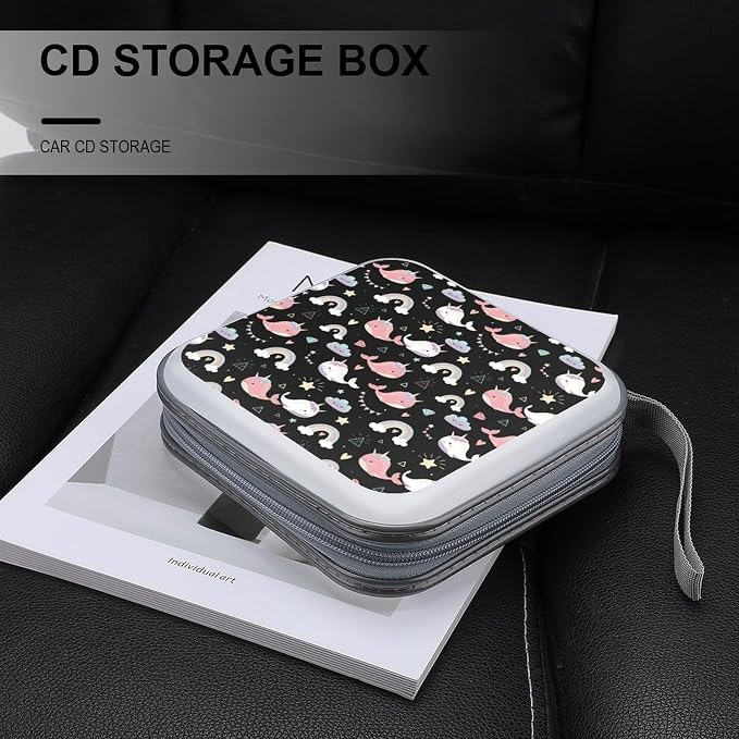 Portable 40-Capacity DVD Storage Binder Narwhals, Hard Case CD Holder with Zipper, Organizer for Music Movies Game Discs