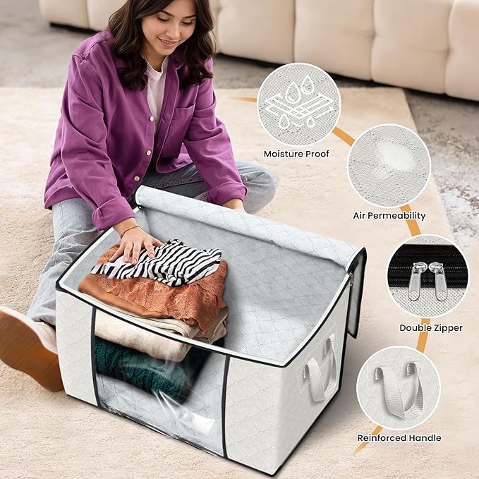 90L Clothes Storage, Foldable Thick Fabric Blanket Storage Bags | Foldable Containers with Zippers,Window and Handles for Organizing Bedroom, Closet, Comforter, Bedding,Dorm essentials