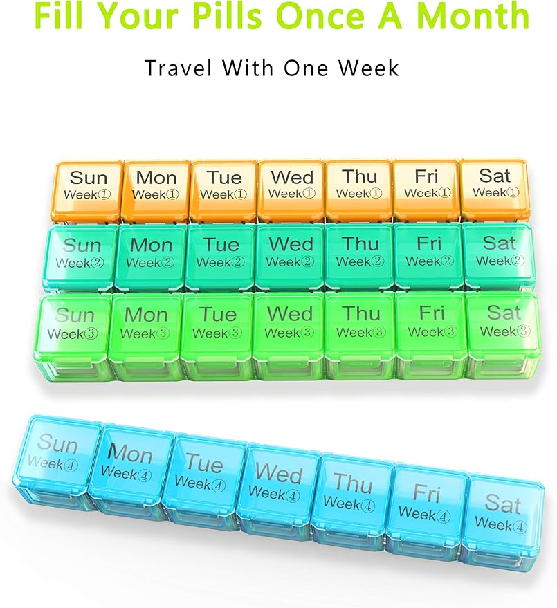 Large Monthly Pill Organizer 28 Day Medication Organizer Storage by Week,Extra Large Compartments Dust-Proof Pill Case Medication Reminder Travel Container for Vitamins/Fish Oil/Supplements