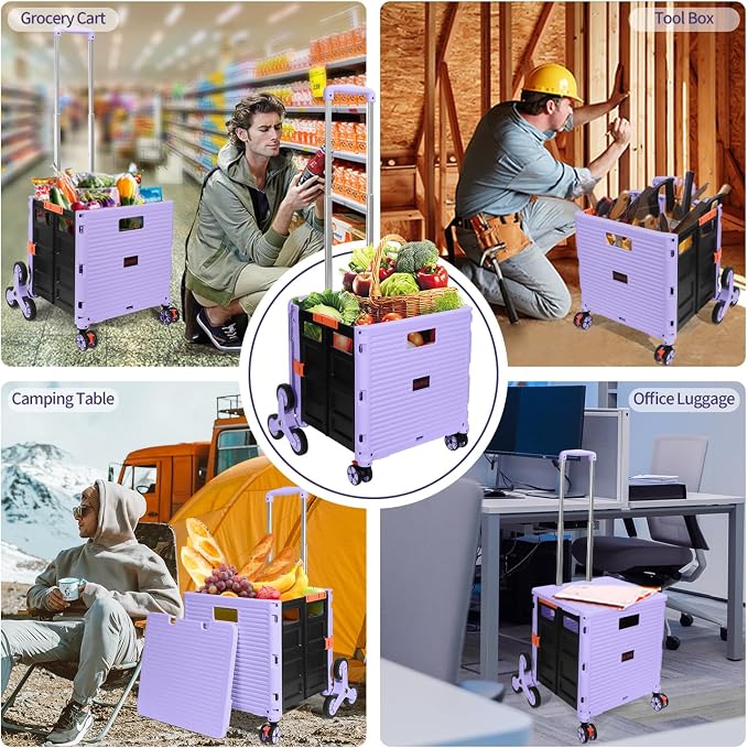 Foldable Utility Cart Collapsible Crate Rolling Carts with Stair Climbing Wheels Rolling Tote Basket Teacher Cart with Lid Wear-Resistant 360°Rotate Wheel Noiseless for Shopping Grocery Office