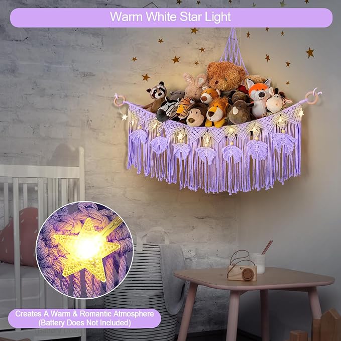 Macrame Stuffed Animal Storage with Star Light, Corner Hammock for Nursery | Corner Hanging Stuffed Animal Net Organizer for Girls' Room, Plushies Toy Wall Hanging Display Holder, Kid Gift