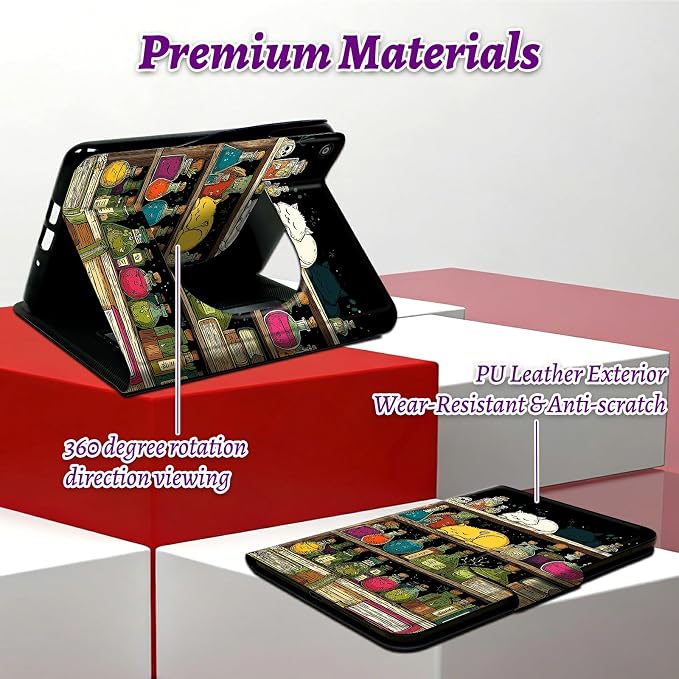 Rotating Handle Case for Samsung Galaxy Tab A11 2026/A9 2024 8.7 Inch, 360 Degree Swivel Kickstand with Magnetic Closure, Shockproof Leather Protective Cover for Women Men, Vase Books Cat