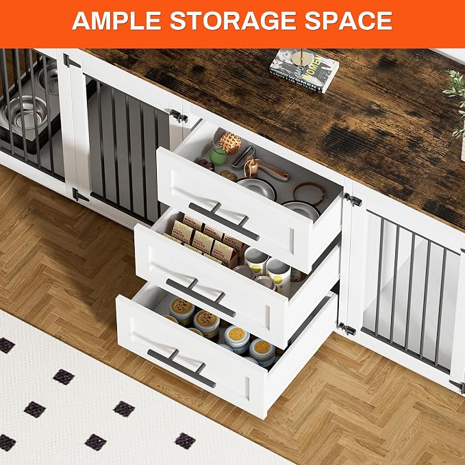 Rophefx 94.5" Dog Crate Furniture for 2 Dogs, Wooden Kennel,White Brown | Indoor double dog house with 3 storage drawers, 4 feeding bowls, lockable doors, and a wide top for large and medium dogs