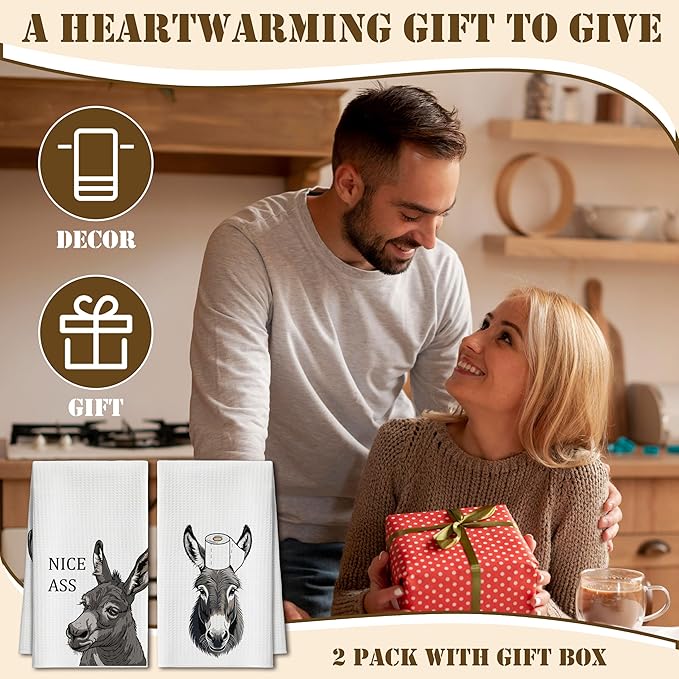 Bath Towels Set of 2, Cute Funny Donkey Dish Towel for Bathroom Spa Kitchen, Nice Ass Decorative Hand Towels, Fast Drying Tea Towel, Farmhouse Housewarming Xmas Gifts for Women Mom -B25