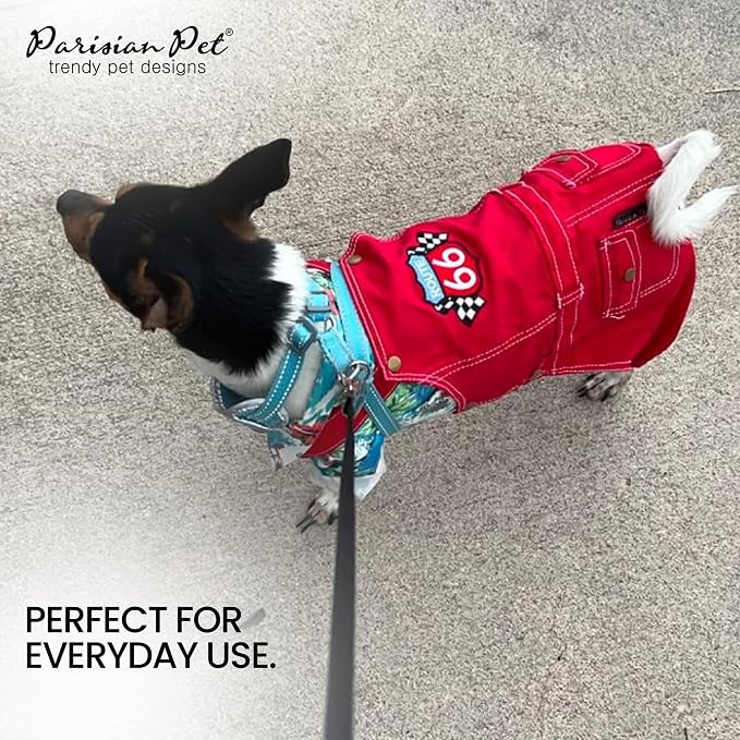 Parisian Pet Red Dog Overalls - Route 66 Denim Dog Clothes - Breathable Sling Puppy Jumpsuit - Durable and Trendy Overalls for Dogs - Comfortable Jeans Dog Clothes for Large Dogs - Classy Pet Apparel