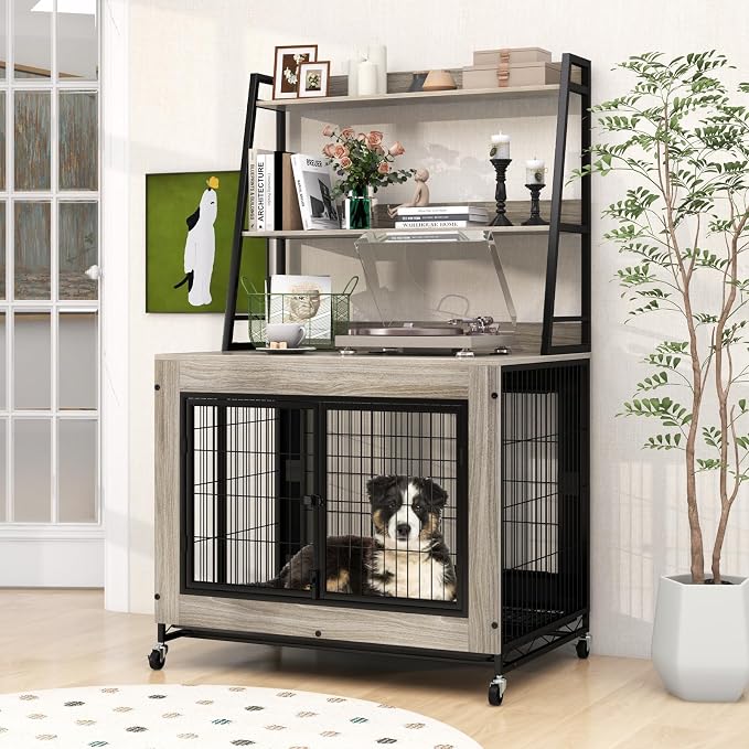 PETSITE Portable Dog Crate Furniture with Storage Shelves, 59 Inch Wooden Dog Kennel with Flip-up Top, 3 Lockable Doors and Removable Tray, Ideal for Small to Medium Dogs (Grey)