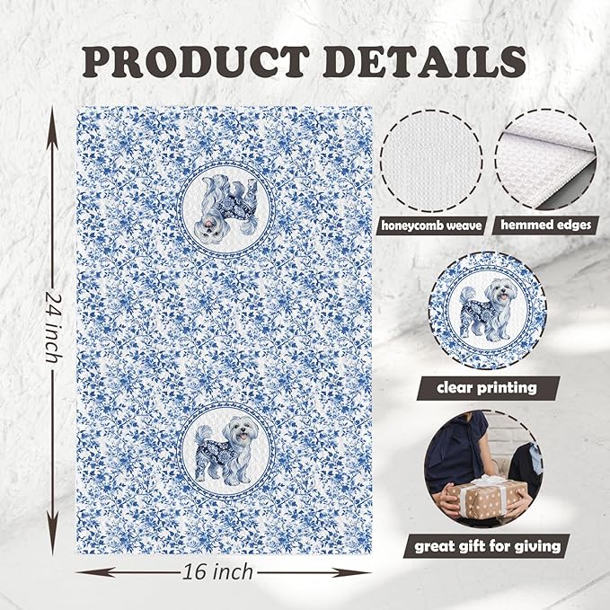 Chicimln Chinoiserie Maltese Dog Kitchen Towels, Maltese Lover Gifts Decorative Hand Towels for Bathroom, Blue and White Dog Dish Tea Towel Drying Cloth for Kitchen Decor,16x24 Inch,Set of 2