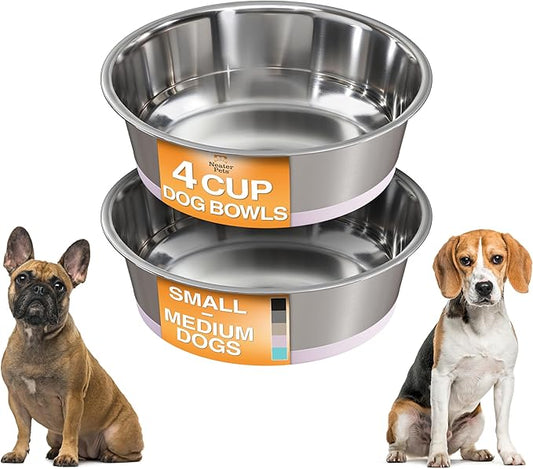 Neater Pet Brands Stainless Steel Dog Bowls with Non-Slip Rubber Bottom – Set of 2, 4 Cup (32 oz), Pink - Heavy Duty Metal Dog Bowl, Dishwasher Safe, Food or Water Bowl, Ideal for Medium Dogs