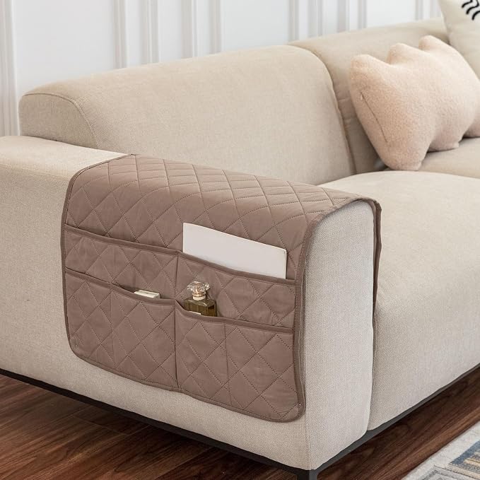 Arm Rest Covers for Sofa with 6 Pockets for Magazine Remote Control Couch Arm Covers Decorate Furniture Ant-Slip Armrest Organizer(Khaki)
