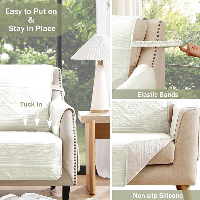 Boho Quilted White Couch Covers for 3 Cushion Couch Sofa Pet Friendly, Anti-Slip Sofa Slipcovers with Pockets, Water-Repellent Sofa Covers Washable (Large Sofa 68", White)