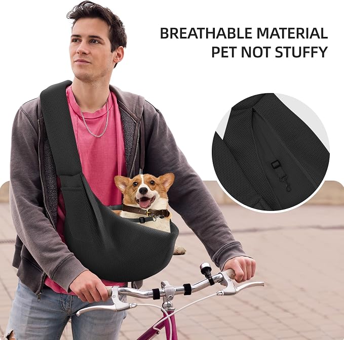 Dog and Cats Carrier Sling, Breathable Puppy Small Pet Carrier with Pocke | Reversible Dog Sling Carrier, Safety Buckle, Storage Pocket, Machine Washable for Travel, Outdoor Activities, Hand-Free,Black