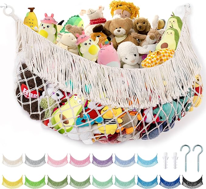 Stuffed Animal Hammock - Extra Large 63'' Long (Cream White) | Premium Cotton Hand-knitted, Beautiful Long Tassel, Storage Hanging Organizer, Can Fit Stuffed Animals 40 Piece or More