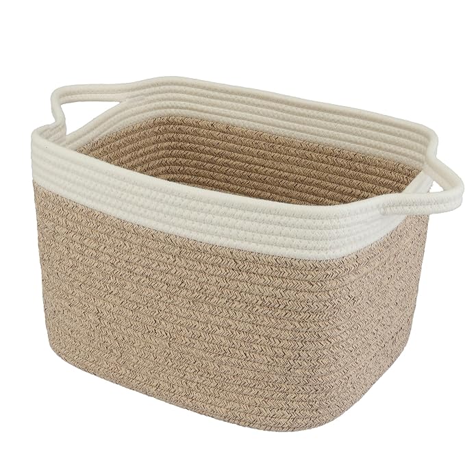 XUANGUO Woven Cotton Rope Storage Basket with Handles 13x10x9 inch | Woven cotton rope basket for shelves and closets. Perfect for toys, books, clothes, nursery storage and gift baskets.