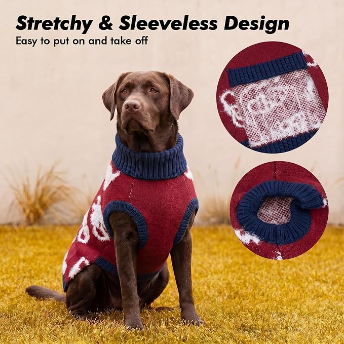 IDOMIK XL Dog Pullover Sweater, Cozy Sleeveless Dog Clothes for Winter,XL | Soft Stretch Knitted Dog Sweater with Foldable Turtleneck, Warm Pet Apparel for Large Breed Dogs, Cute Pattern Dog Outfit