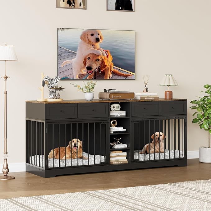 Dog Crate Furniture for 2 Dogs, Double Dog Crate TV Stand, Black | 82" Large Dog Kennel Indoor with 4 Storage Drawers and 4 Shelves, Suitable for Small, Medium and Large Dogs