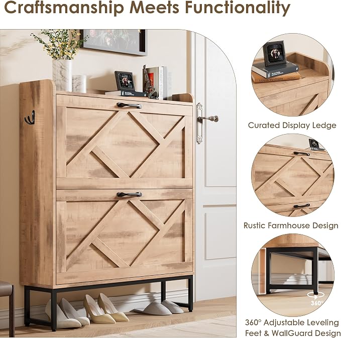Shoe Storage Cabinet with 2 Flip Drawers, Entryway Organizer, Oak | Slim Shoe Cabinet with Metal Legs, Narrow Farmhouse Shoe Organizer for Entryway, Foyer, Hallway, Wood Shoe Rack with Hook