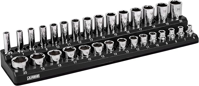 ARES 70235 30-Pc 3/8-In Metric Magnetic Socket Organizer | Part No. 70235; Securely Holds 15 Standard and 15 Deep Size Sockets in Place