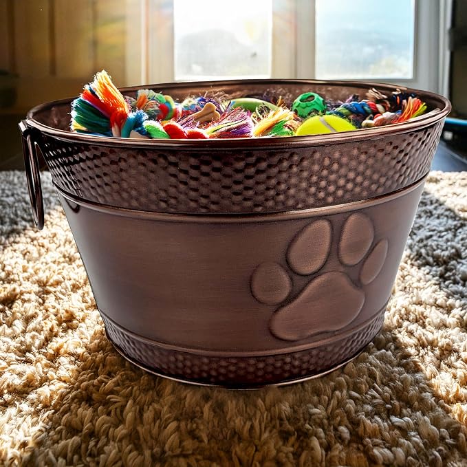 BREKX Metal Indestructible Dog Toy Bin - Chew-Proof Storage Bin | Copper Finish Farmhouse Organizer Storage Basket for Pet Toys, Blankets, Leashes with a Embossed Paw-Print