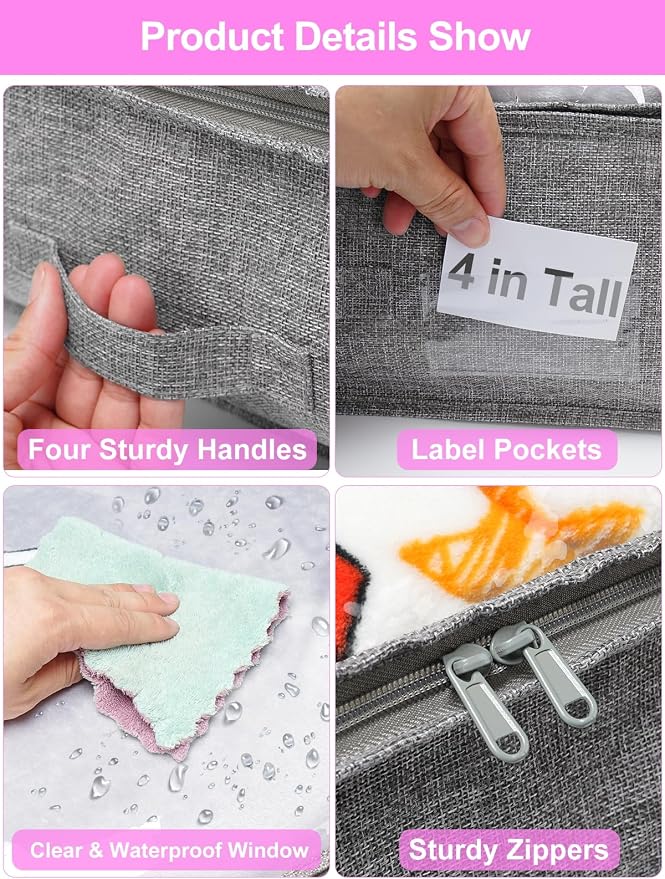 punemi 4 inch High Soft Low Profile Under Bed Storage Bins, 2 Pack, Grey | Foldable Clothes Storage Bag with Zippers & Clear Top, Shallow Design for Under Cabinet, Sofa, Crib & Bed Storage