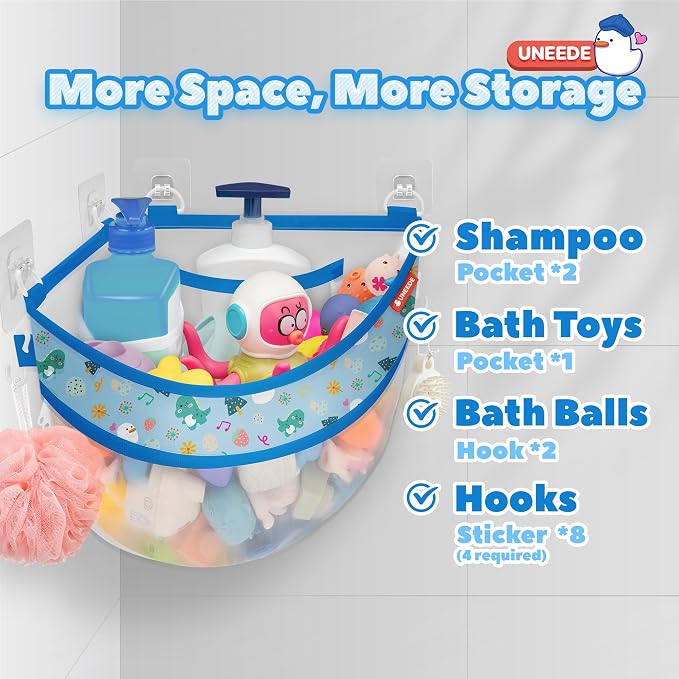 UNEEDE 4.32 Gallons Dinosaur Print Corner Bath Toy Storage | Blue Mesh Shower Caddy with Quick Drain & Bottom Zipper