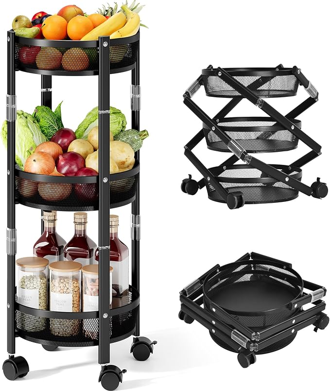 TOOLF 3 Tier Foldable Rolling Cart, Metal Utility Storage Cart, Black | Assembly-Free, Lockable Wheels, Round Trolley Organizer for Bathroom, Kitchen, Office, Dorm, Laundry, Craft Room