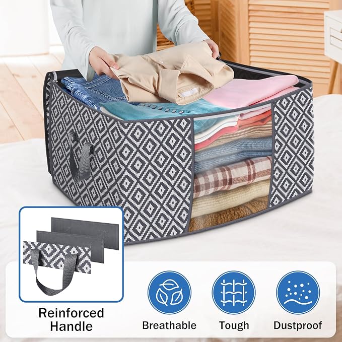 100L 4 Pack Storage Bags, Foldable Clothes Bins with Clear Window, Gray | Blanket Storage Containers with Reinforced Handles for Bedding, Comforters, Clothing, Quilts and Closet Organization