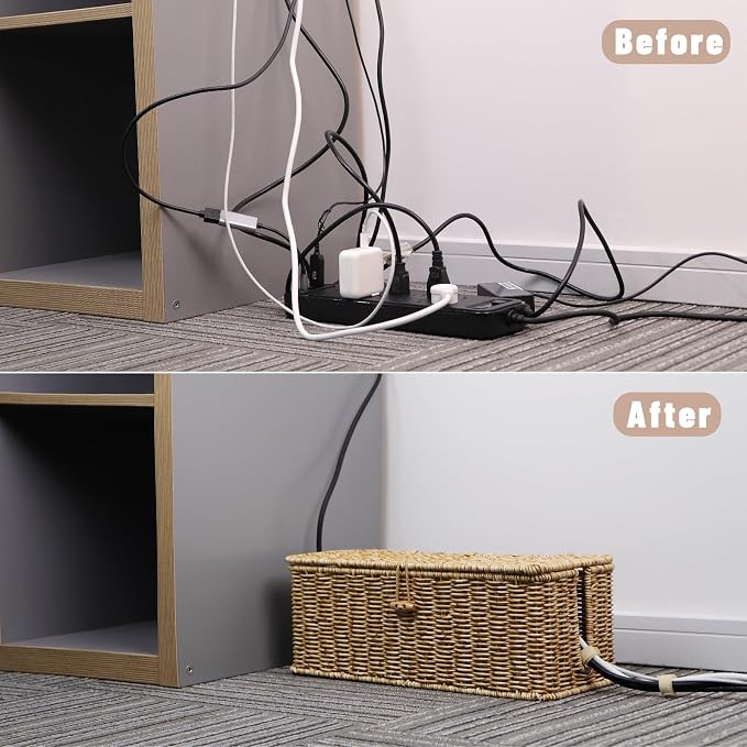 Cable Management Box, Cord Organizer with Lid & Cable Ties - Natural Set | Handmade Open Slots Cord Hider Outlet Covers for Power Strip TV PC Router Charger Under Desk Storage