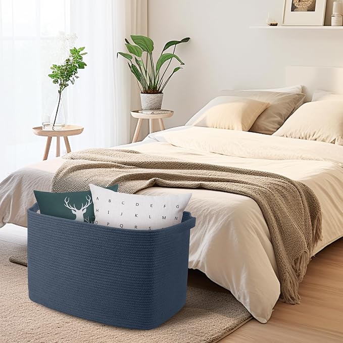 Extra Large Rectangle Storage Basket, 23.6" x 17" x 12" Dark Blue Blanket Storage for Living Room, Large Woven Cotton Rope Storage Box, Soft Kids Toy Basket Organizer Bin, Big Wicker Basket