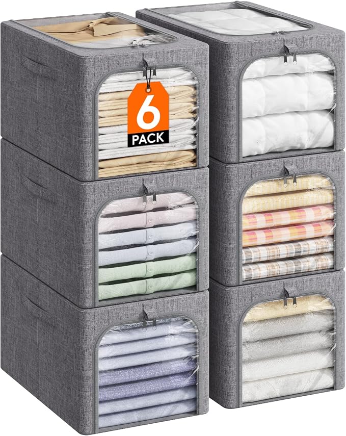 Lifewit Clothes Storage Bins with Metal Frame 6 Pack, Fabric Stackable Storage Bags with Lids, Zipper, Foldable Clost Organizers Containers for Clothing, Blanket, Winter Cloth, 40L
