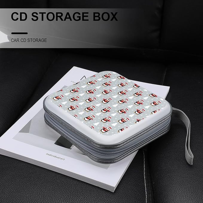 Portable 40 Capacity CD Case Christmas Penguins DVD Wallet Storage Binder | Movie Music Game Disc Collection Organizer Bag, Christmas Penguins, Hand Strap, Zipper Closure