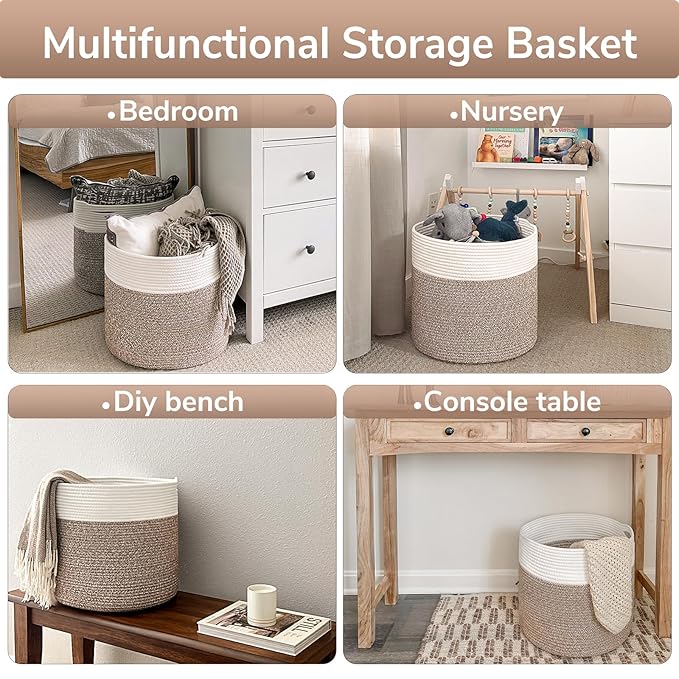 Goodpick Woven Rope Basket for Blankets Fit Nursery & Living Room, 45L | 15.8 x 15.8 x 13.8 In Storage Basket for Toys Shoes, Cute Baby Laundry Hamper for Towels, Clothes, Mele