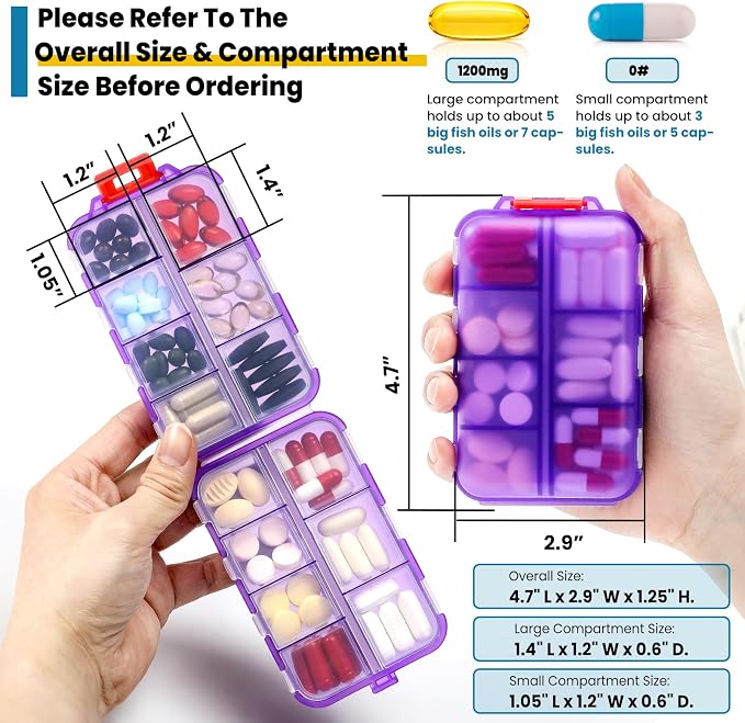 14 Grids Travel Pill Organizer Box with 415-Pcs Medicine Name Labels, Pocket Daily Pharmacy Case Container, Travel Medication Holder Dispenser Kit for Fish Oil Vitamin Supplement Storage -Clear Purple