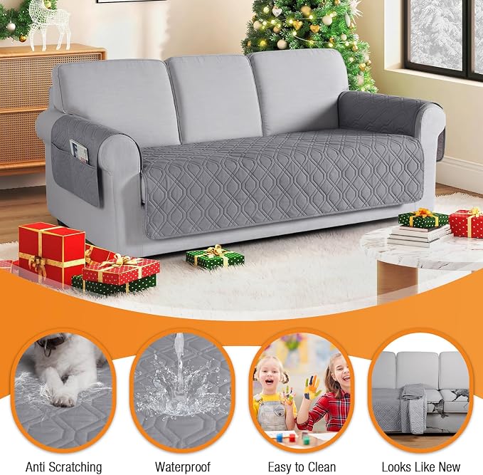 VANSOFY Waterproof Couch Cover for Pets, Light Gray, 72.4" | Non-Slip, Washable, Utility Pockets, Pet Friendly, Furniture Protector Slipcover for 3 Cushion Plus Couch