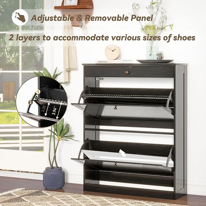 Wood Shoe Storage Cabinet, Hidden Shoe Rack Cabinet with 2 Flip Drawers | Space-Saving Shoe Storage Organizer, Ultra Slim Narrow Shoe Dresser Open Compartment, for Entry, Hallway, Living Room, Black