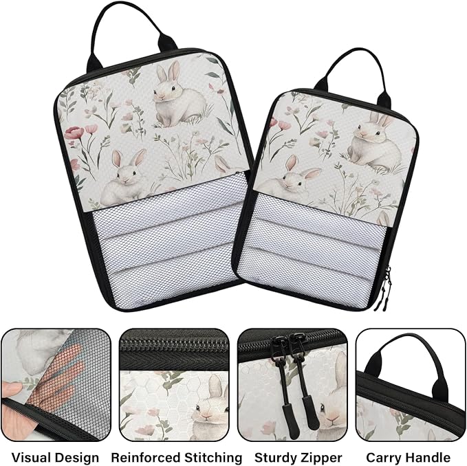 Bunnies Spring Flowers 6 Set Compression Packing Cubes | Travel Accessories Expandable Packing Organizers Space Saver Bags for Organizing Clothes