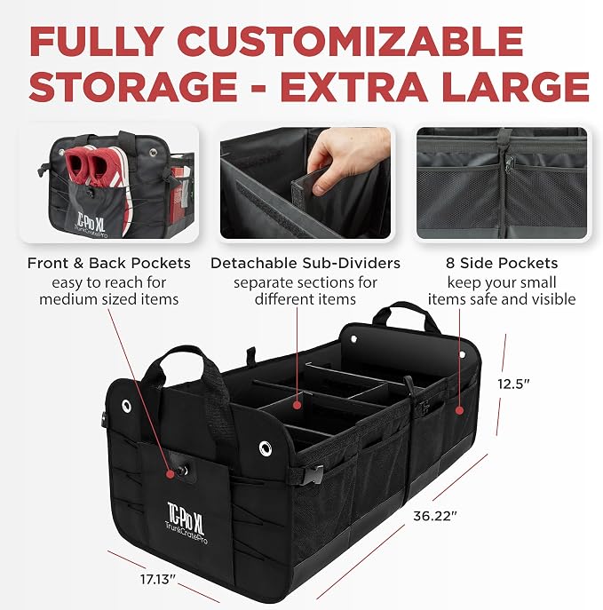 Car Trunk Organizer for SUV, Truck & Auto Cargo Storage, XL Black | Fits Cars, SUVs & Trucks 6 Adjustable Compartments Non-Slip Base & Securing Straps Foldable 11 Pockets Car Accessories