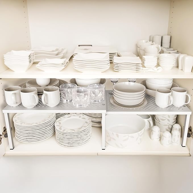Simple Houseware Expandable Stackable Kitchen Counter Shelf Organizer, White, Metal Top, 11.25"L x 7.9"W x 5.4"H | Expandable & Stackable 9" D x 12.75" W x 5.9" H