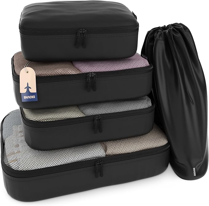 Shacke 5 Set Packing Cubes for Travel with Laundry Bag (Air Black) | Suitcase Organizer Bags Set: 4 Water-Resistant Luggage Cubes, XL to Small, + Laundry Bag for Carry-On or Checked