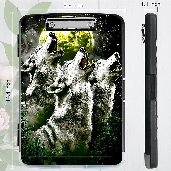 Three Gray Wolves A4 Clipboard with Storage Pen Holder, Clipboards Organizer Nursing Clipboard Foldable File Folder Plastic Clipboard Folio Clip Board for Office Students Classroom Doctor