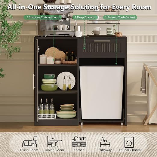 Single 13 Gallon Pull Out Trash Can Cabinet with Storage Cabinet,Black | Pet Proof Hidden Garbage Can Cabinet,3-Tier Shelves,Fluted Design,Extra Drawer Space,Kitchen & Dining Room Organization