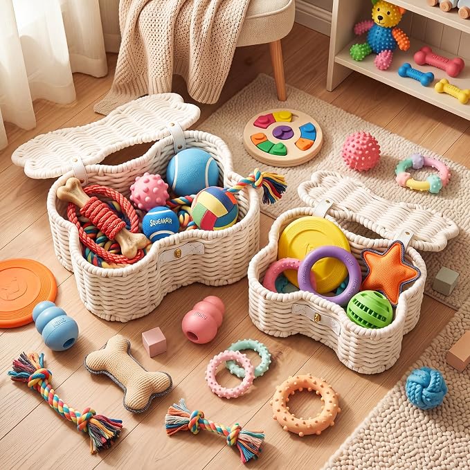 Barydat 2 Set Dog Bone Shaped Basket with Lid Cotton Rope, White | Large Small Sizes, Handmade Woven Basket for Toy Storage, Organizes Pet Items, Home Bin with Secure Lid Closure