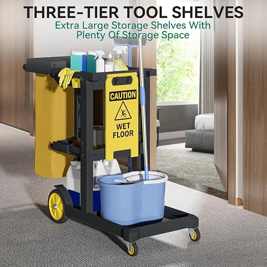 YITAHOME Black Housekeeping Carts, Janitorial Cleaning Cart on Wheels | 3-Shelf Commercial Traditional Plastic Janitor Cart with Lid & 2 Yellow 25 Gallon Vinyl Bag, Mop & Broom Holders